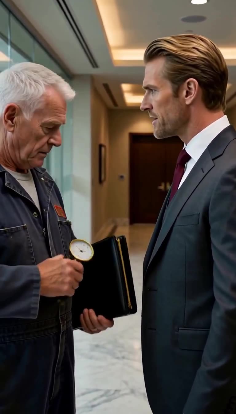 Arthur Vance looking downward as he unzips a black portfolio while executive Tyler Briggs watches warily