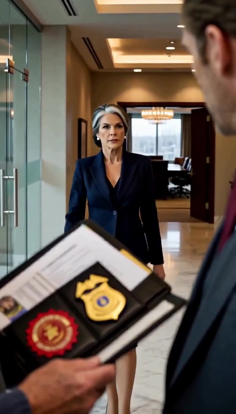 Corporate director Evelyn Mercer steps from the boardroom as Arthur Vance reveals the shutdown badge
