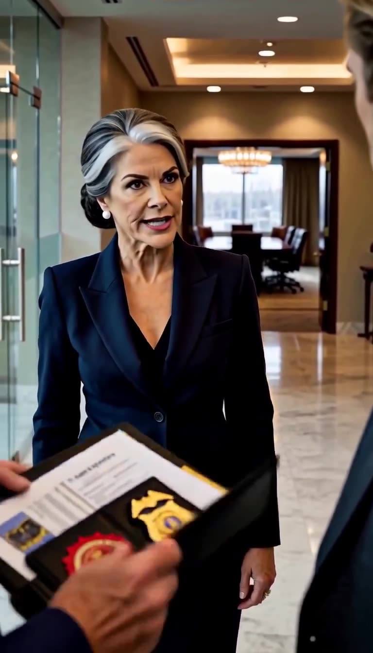 Executive Evelyn Mercer steps in with a stern expression, commanding silence in the glass hallway