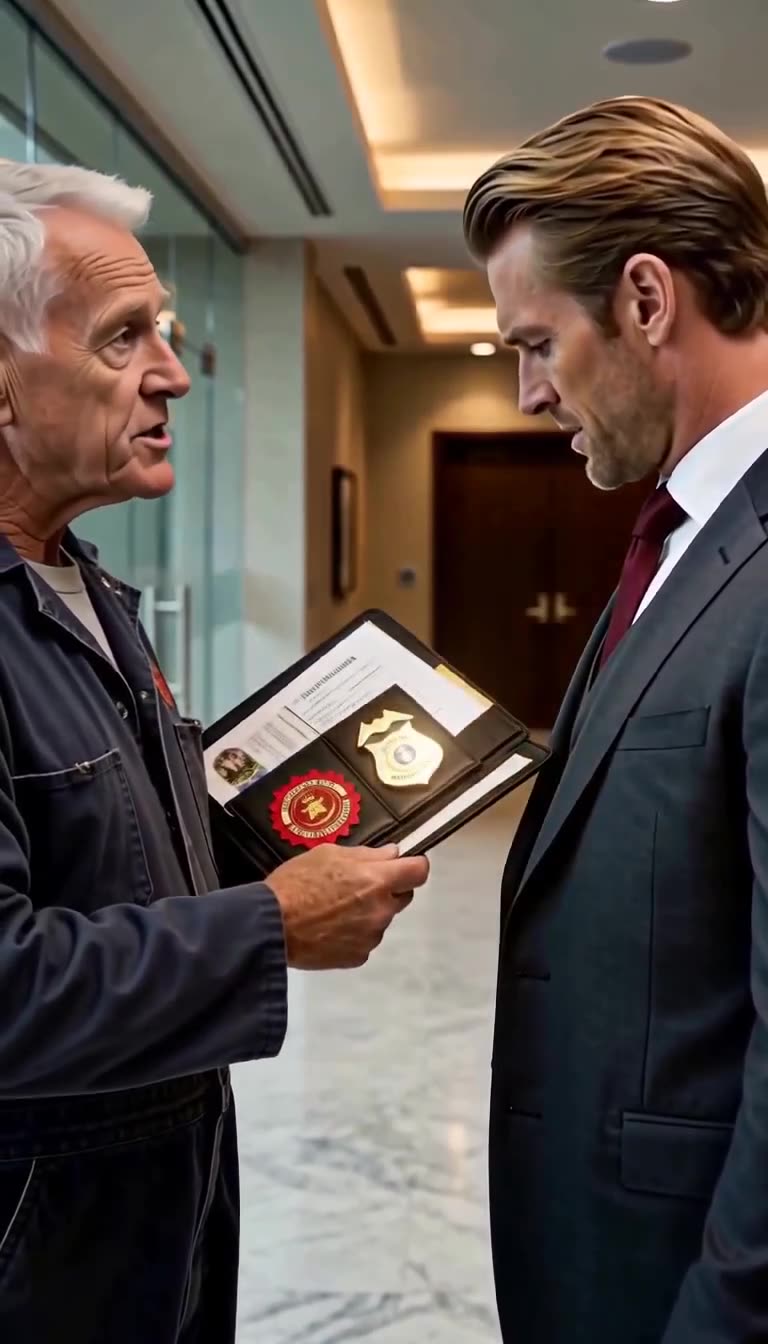 The maintenance worker opens his leather dossier to display a gold municipal inspector's badge and official documents.