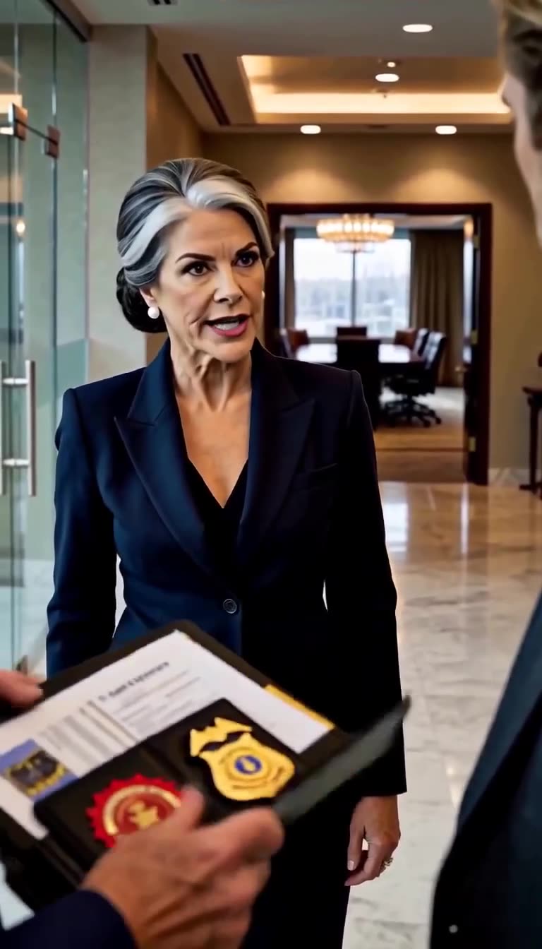 A senior female executive steps out of the boardroom to confront the young manager after the inspector reveals his badge.