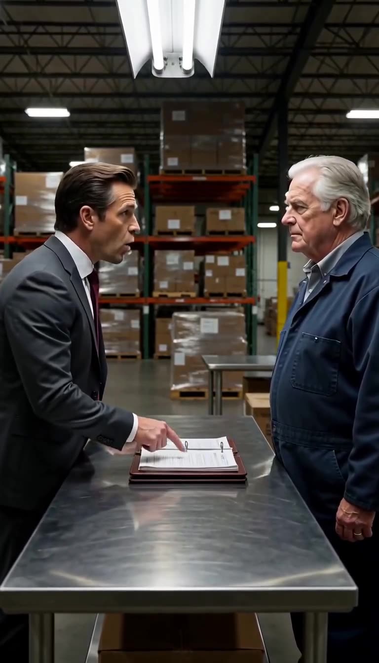 Douglas leans closer over the steel counter, delivering a sharp ultimatum to the calm elderly clerk