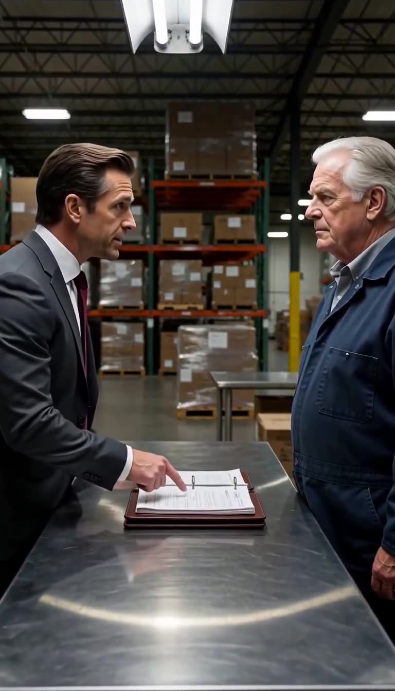 Arthur Vance maintains steady eye contact as Douglas Hayes demands he sign the disputed document