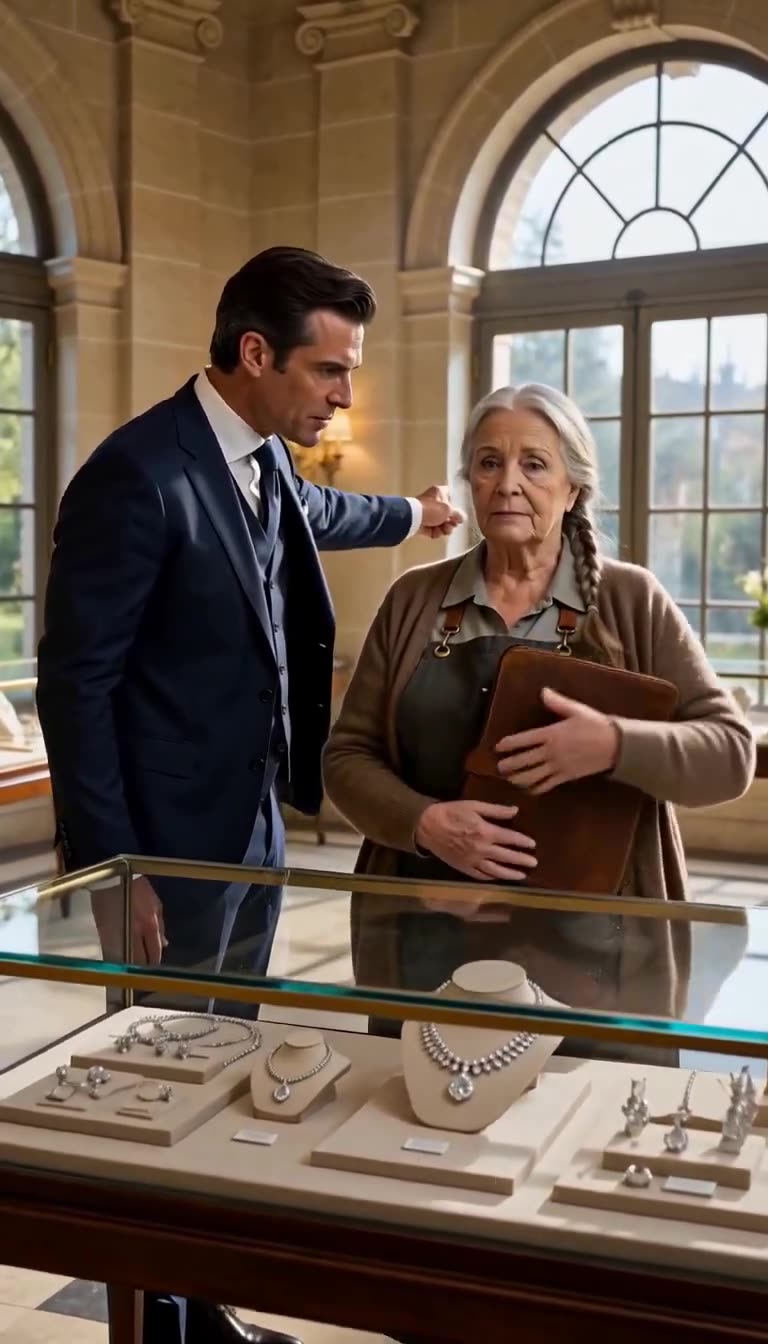 Julian Vance glaring angrily as Clara Hayes holds her leather folio tightly against her chest