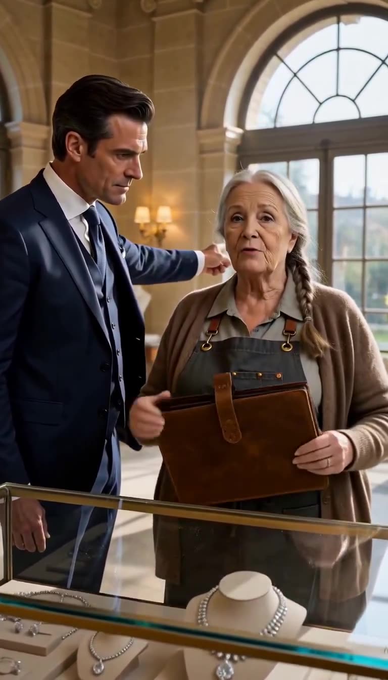 Clara Hayes calmly opening her brown folio on the jewelry counter in front of a stunned Julian Vance