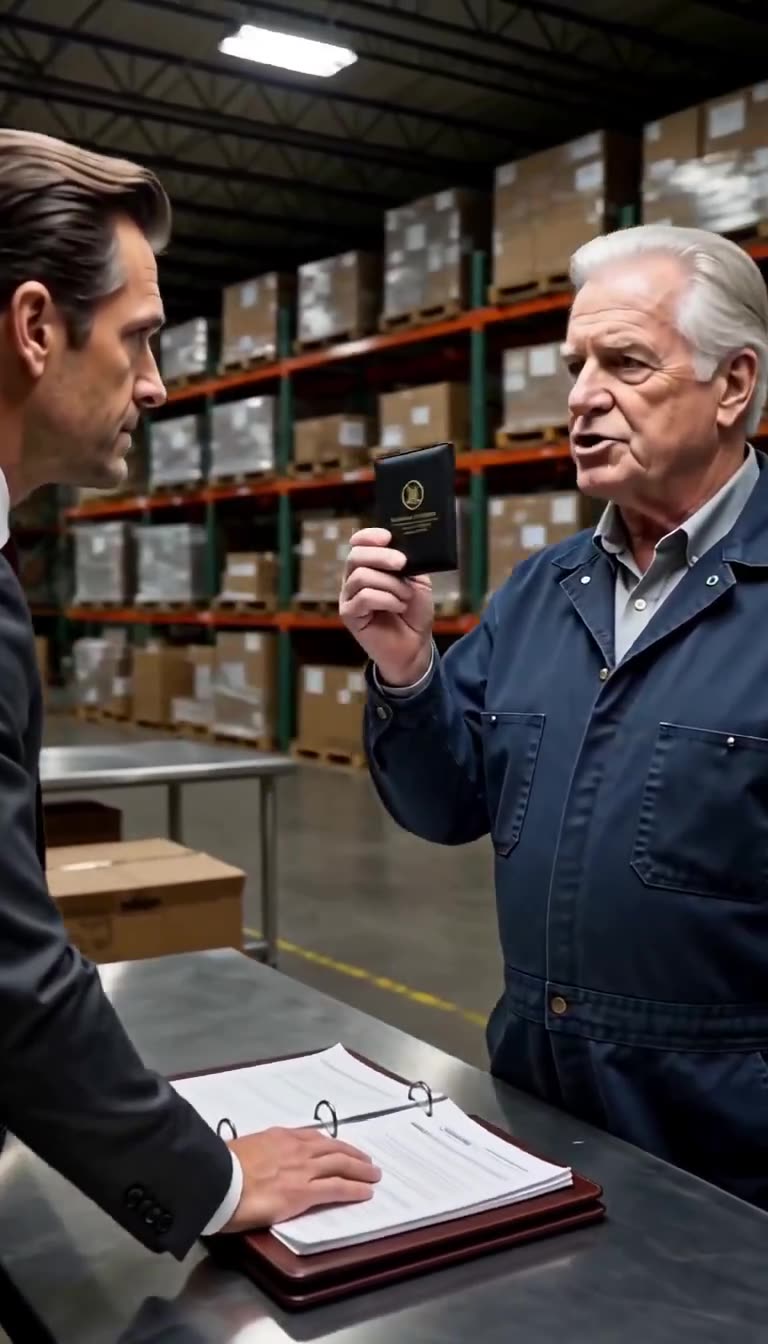 Arthur Vance displays a black leather credential card as Douglas listens in stunned disbelief