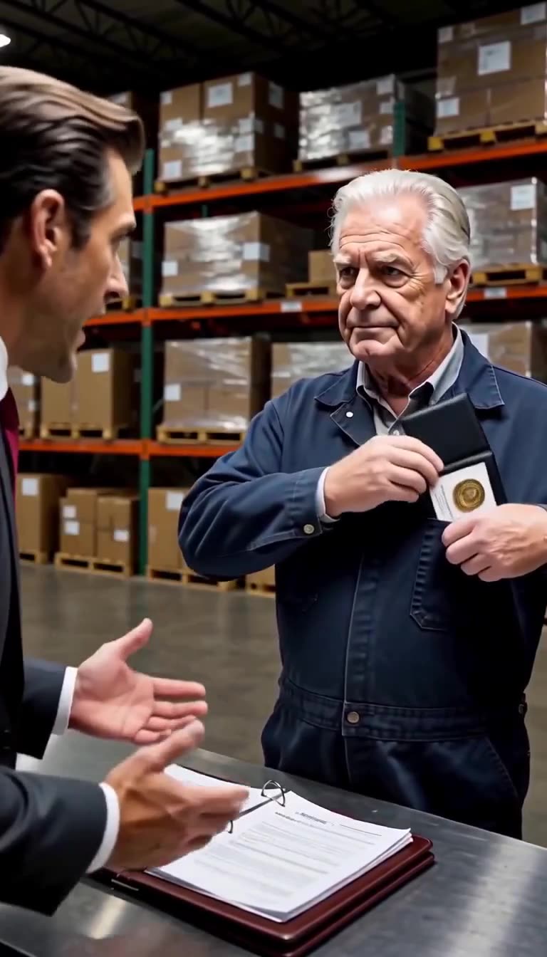 The shocked executive gestures in disbelief as the founder pulls his golden corporate credentials from his coveralls