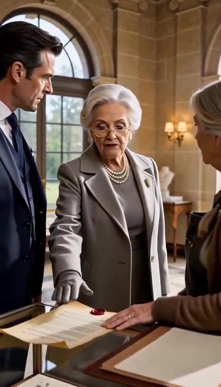 An elegant elderly matriarch in a coat and pearls points to an antique document on the glass jewelry counter