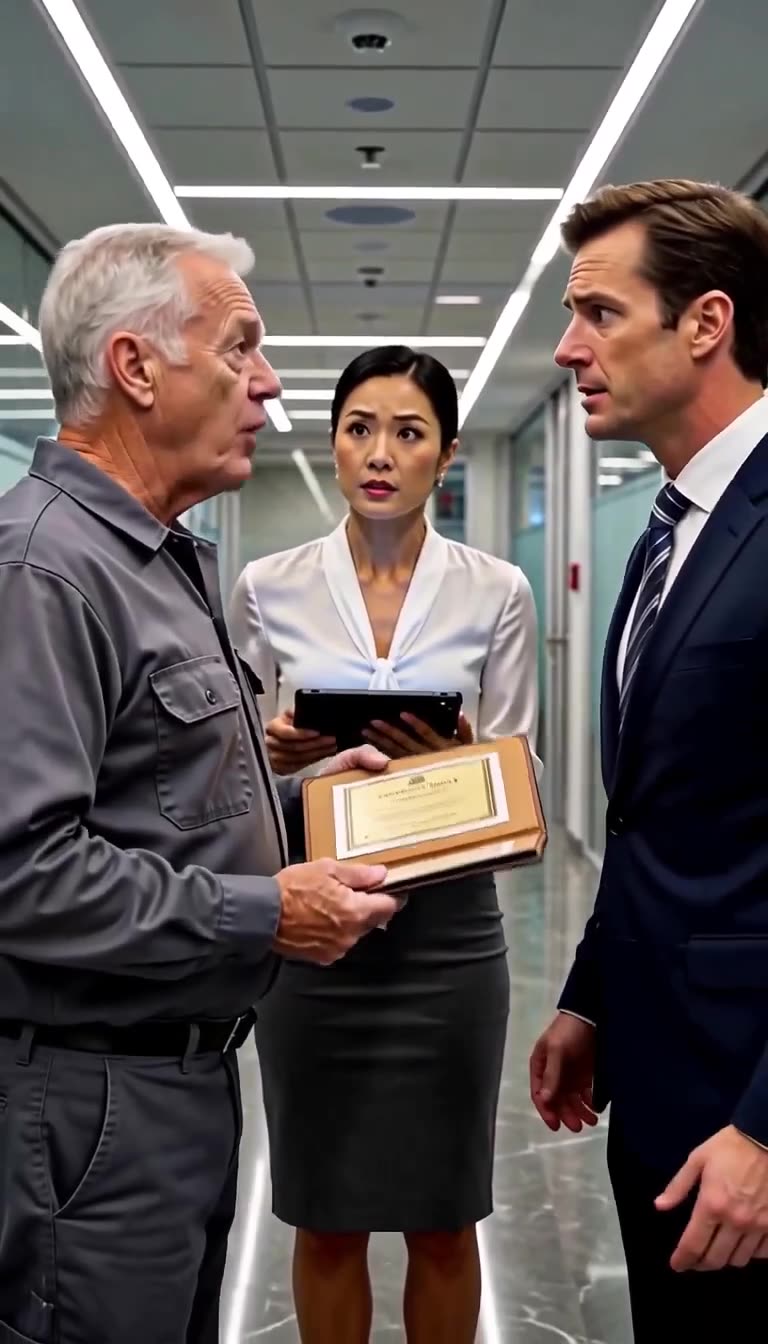 The executive looking stunned and pale as the elderly auditor explains the official inspection mandate