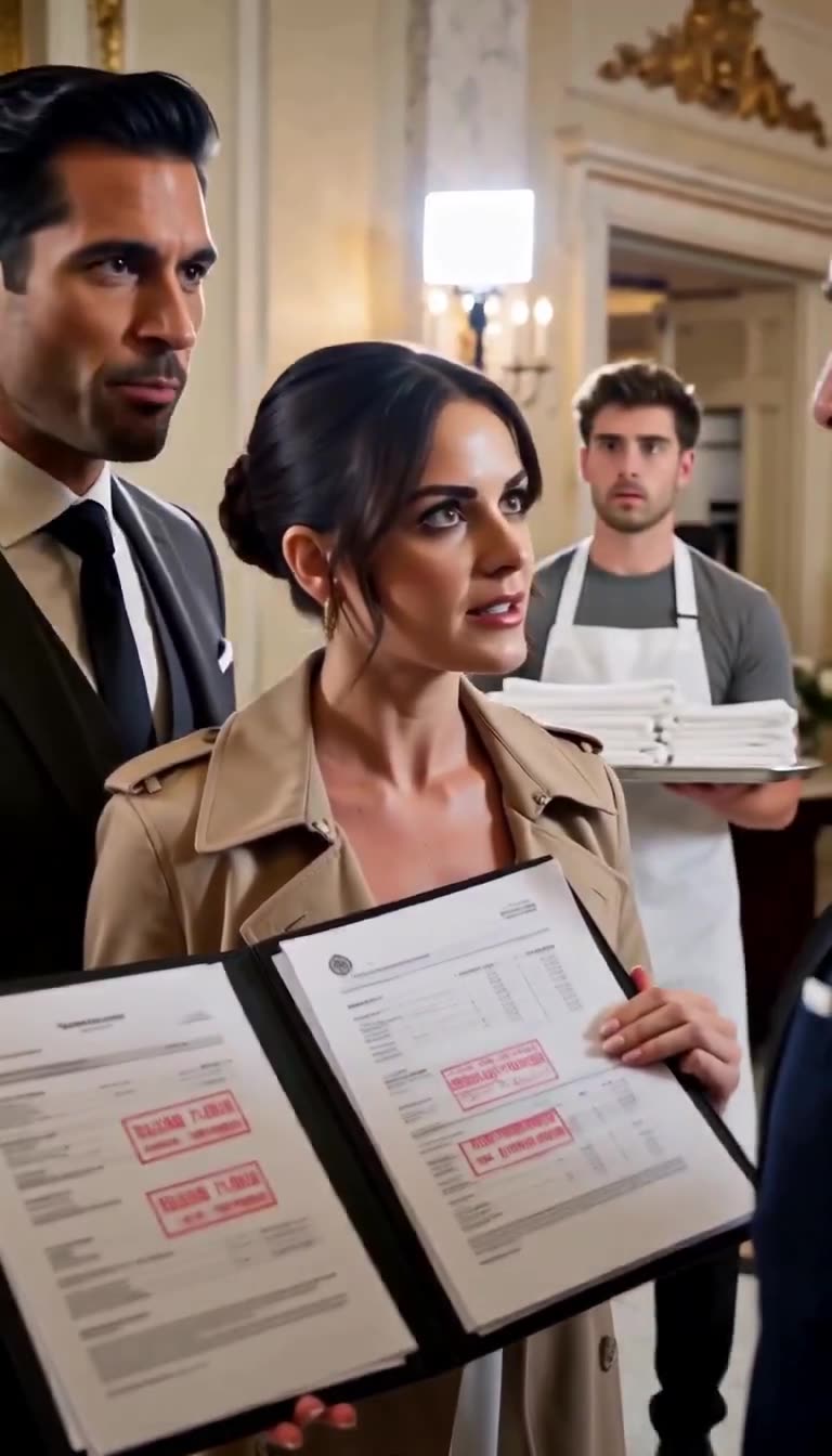 Elena reveals damning audit sheets while a startled scullery worker watches from the ballroom background