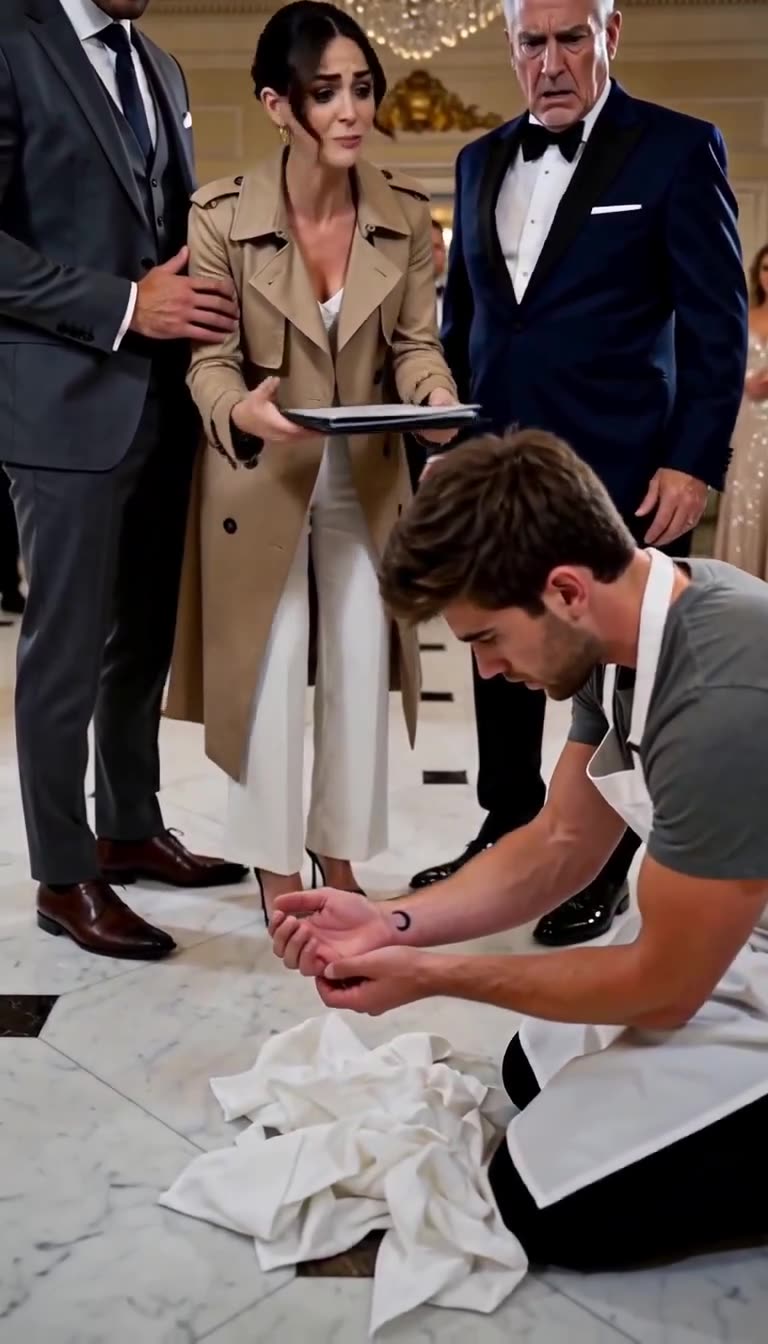 Close-up of the young kitchen worker kneeling on the marble floor, revealing a dark crescent mark on his inner wrist.