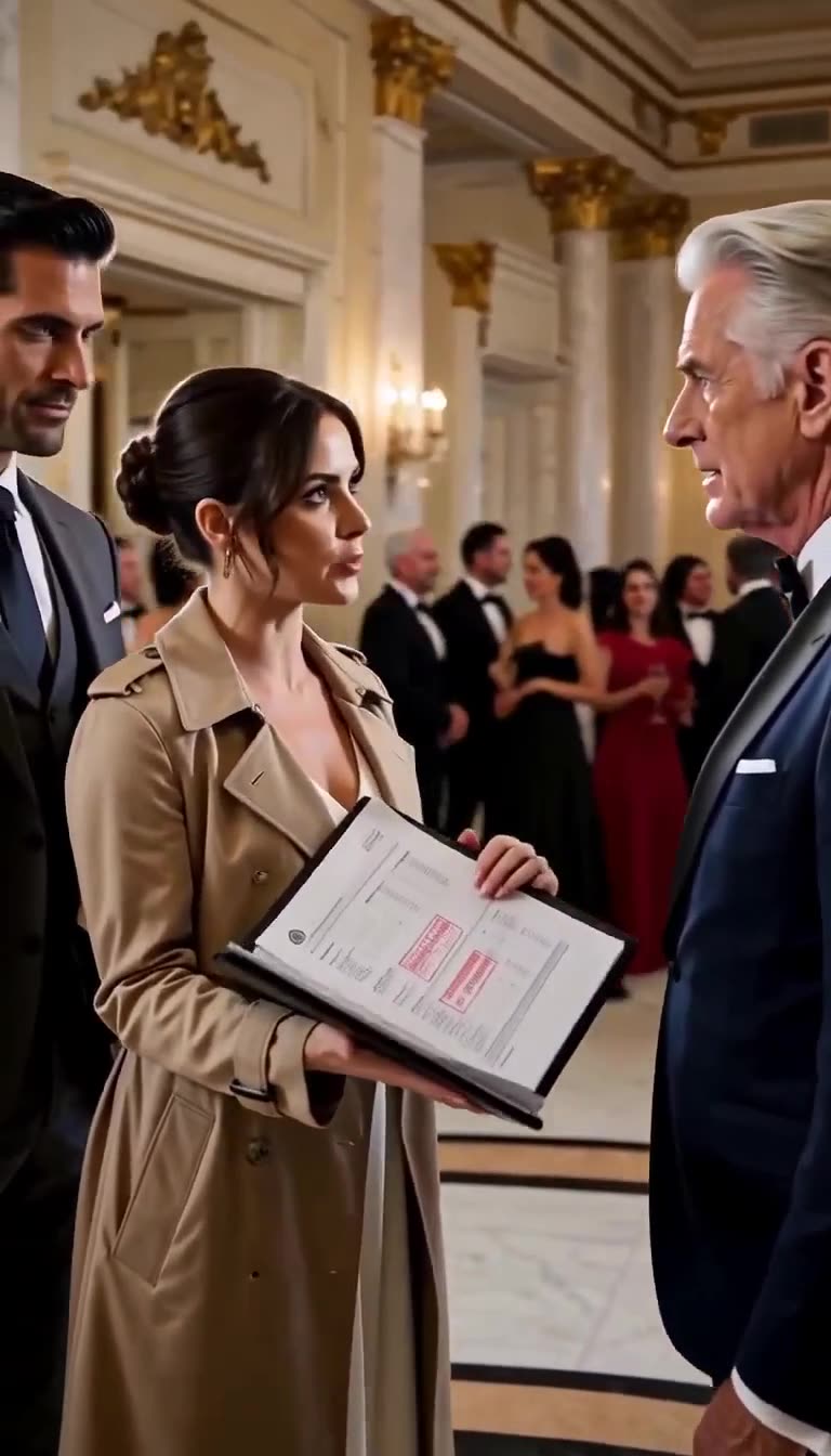 The woman presents official stamped paperwork from her folder to the stunned director as an investor watches