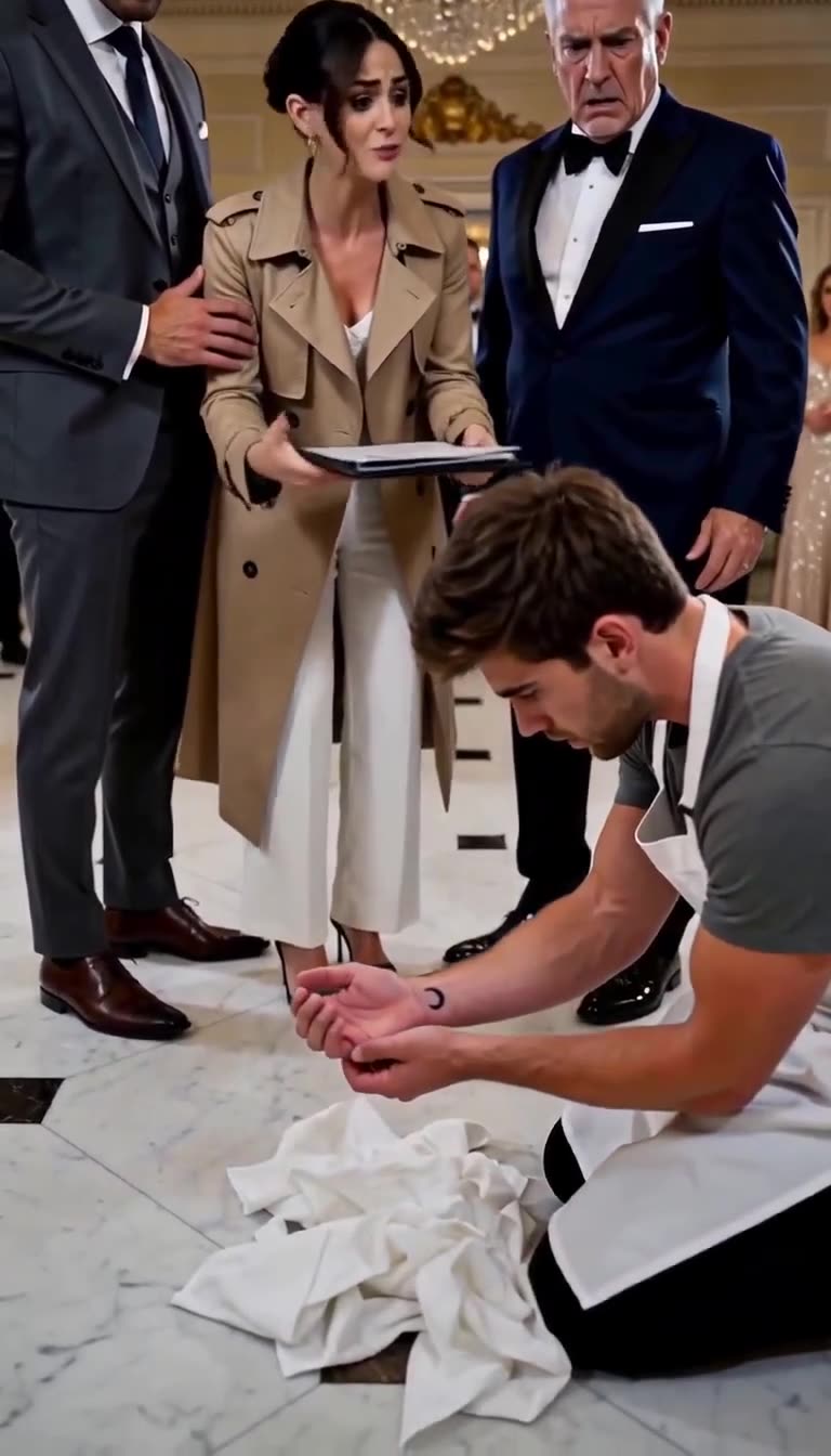 A busboy with a wrist tattoo kneels on the floor picking up linens as the woman and director look on in shock