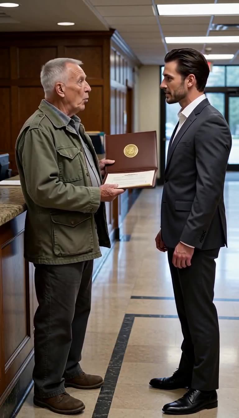 Arthur Pendelton opens his leather folder to show Tyler Vance an official gold-sealed document.