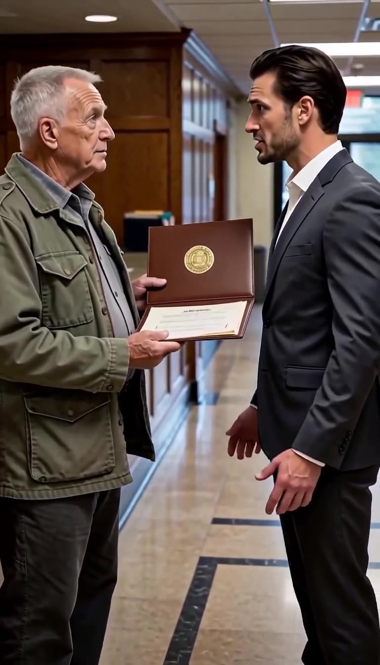 Tyler Vance stammers in shock as Arthur holds open the brown leather credential binder with a gold seal.