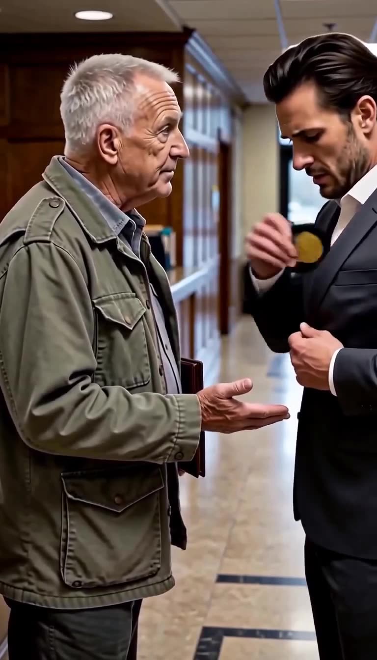 The manager reaches into his jacket to surrender his badge to the inspector