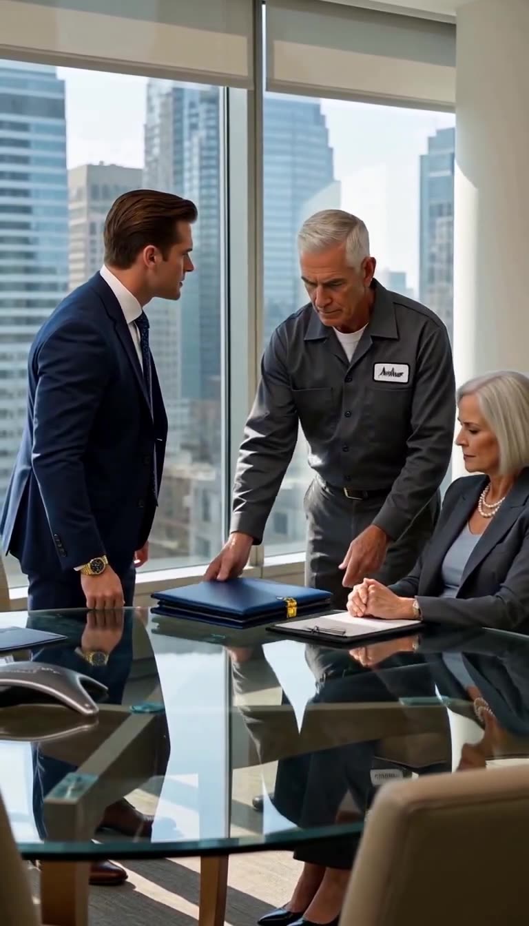 Arthur Vance places the heavy navy portfolio onto the glass table before the stunned executives.