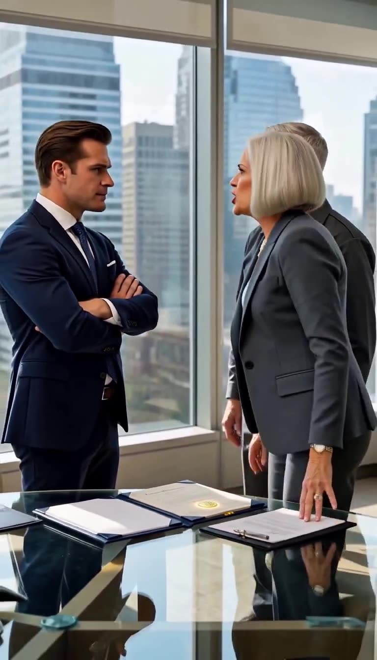 Clara Hensley angrily standing up to confront Julian Sterling across the glass conference table