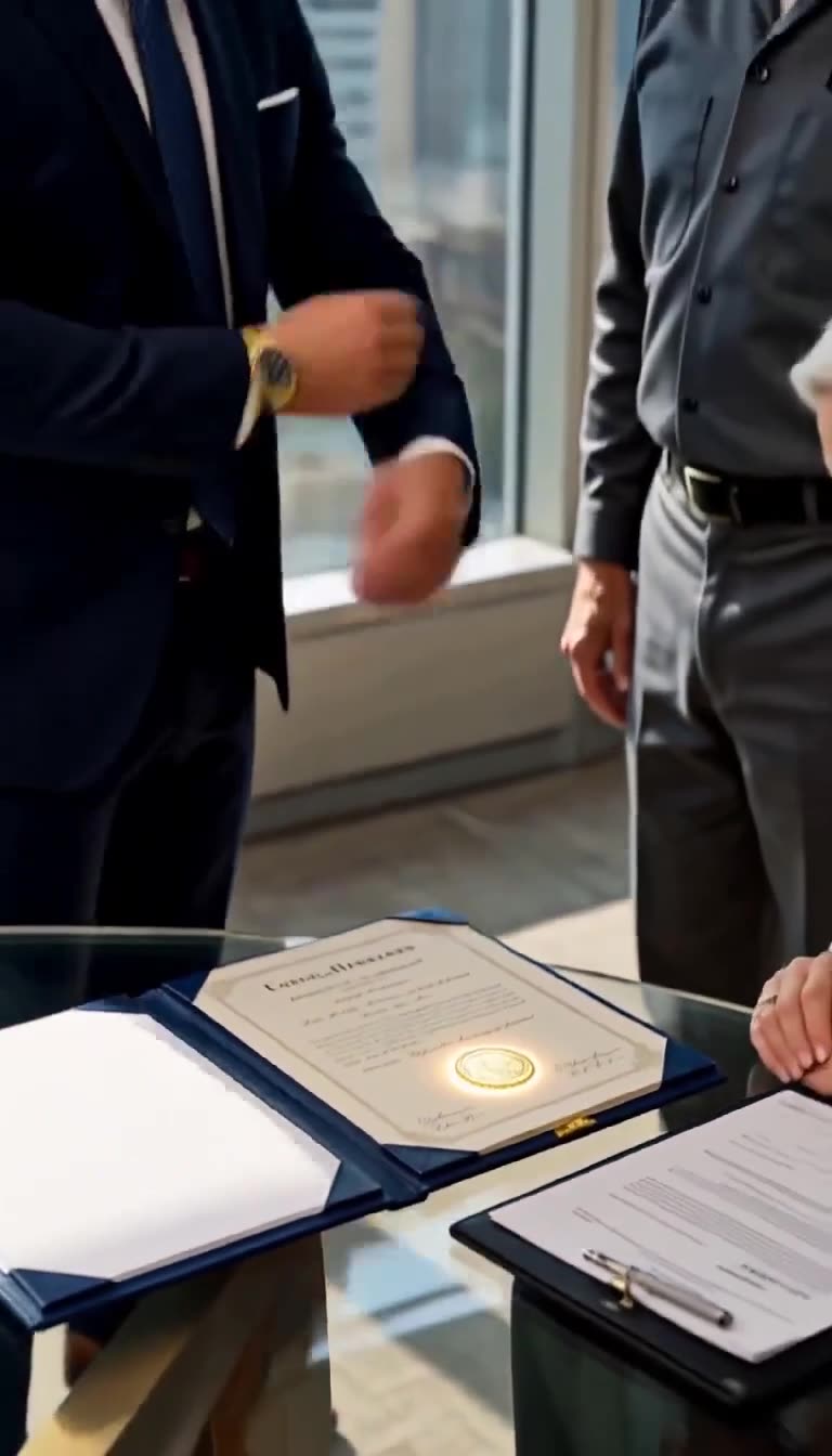 A blue folder opens on the glass conference table, displaying an official document bearing a glowing gold seal.