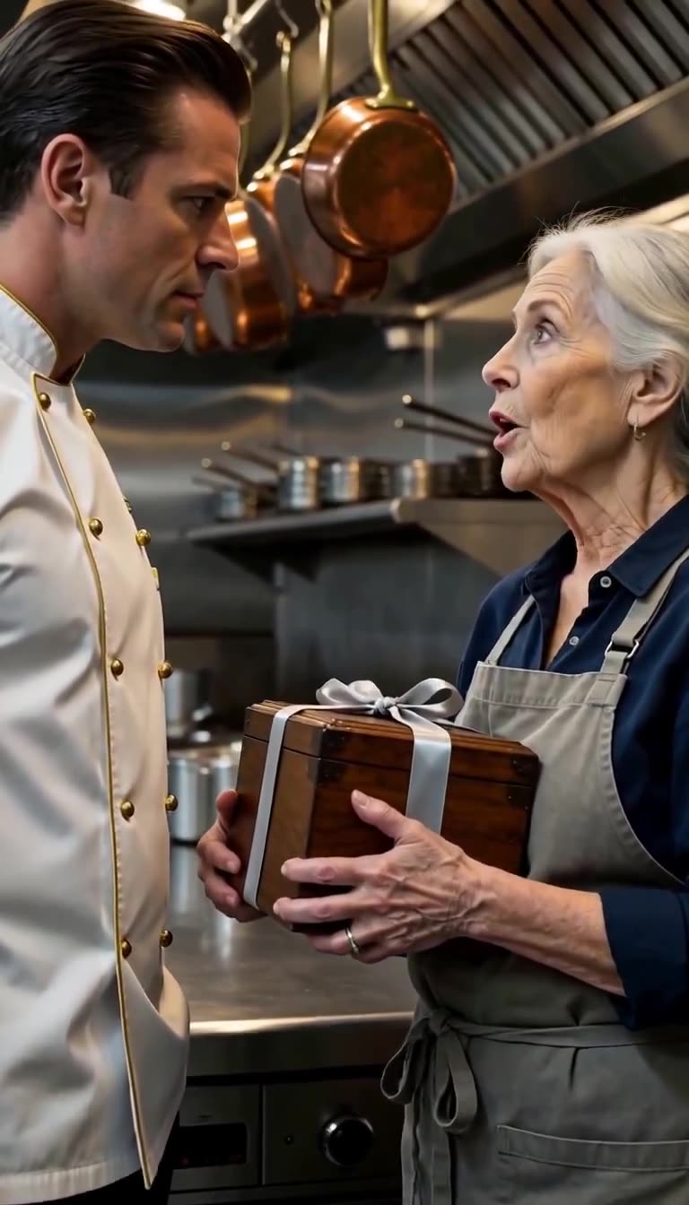 Eleanor Vance confronts Chef Julian Mercer with calm defiance in the restaurant kitchen.