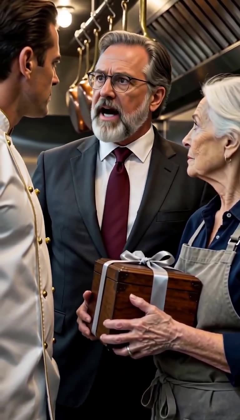 General Manager Arthur Sterling angrily steps between Chef Julian Mercer and Eleanor Vance in the kitchen.