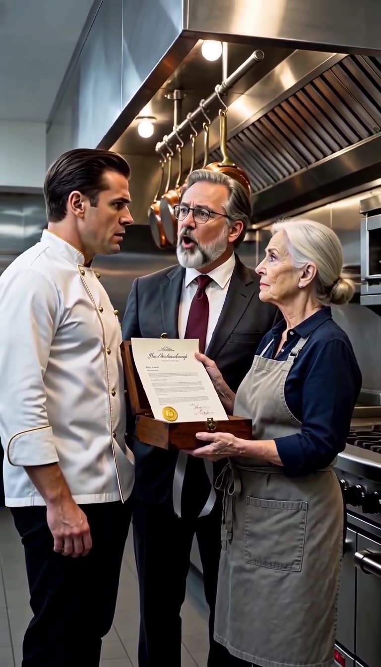 Chef Julian Mercer stares in disbelief as Arthur Sterling reveals Eleanor's majority ownership.