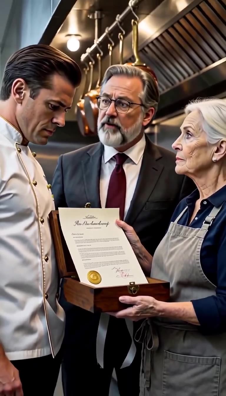 Evelyn reveals a gold-sealed official document inside the wooden box to a stunned chef Julian and investor Vance