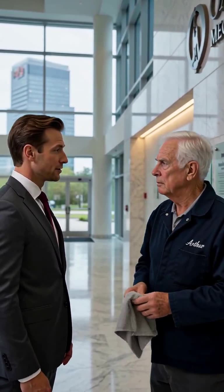 Arthur pauses his cleaning and calmly meets Darren's angry glare in the bright marble lobby.
