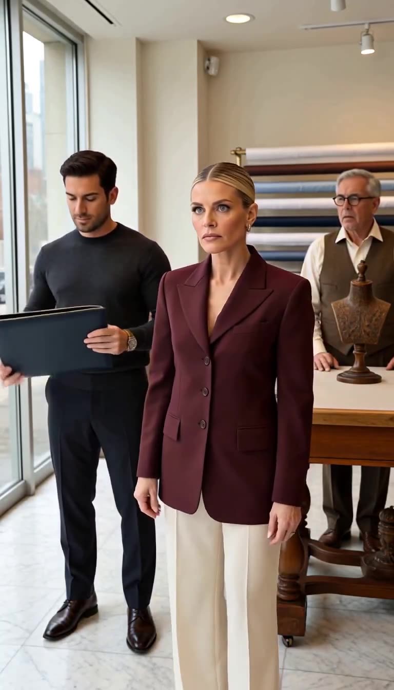 Victoria Sterling stands stunned as Julian Vance unzips his leather portfolio.