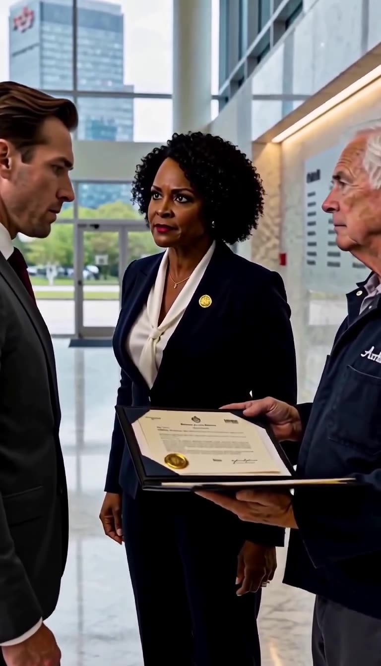 Darren Cole reacts in shock as Evelyn Mercer explains the authority of the elderly janitor