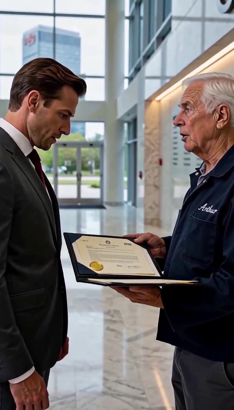 The janitor opens a leather binder to present an official gold-sealed charter to the stunned executive.