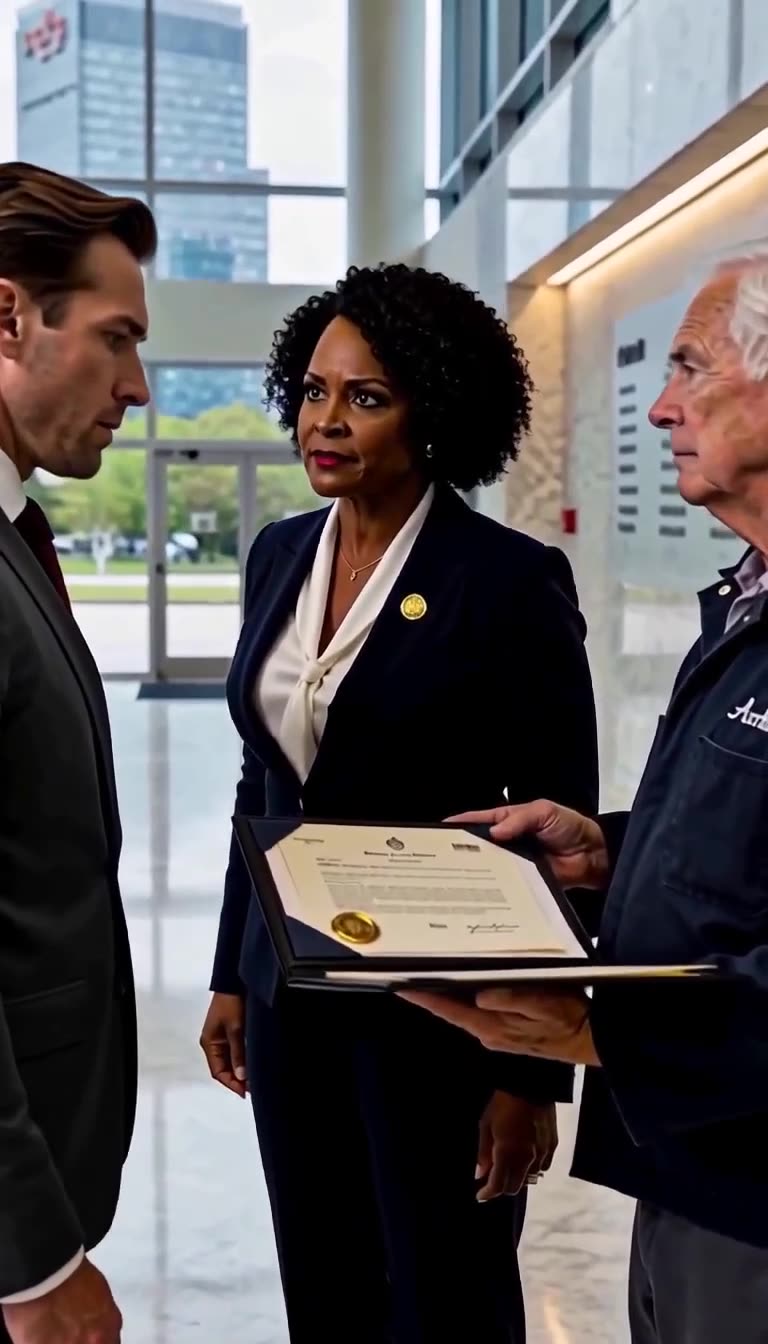 A stern female administrator intervenes in the lobby as the executive confronts the reality of the document.