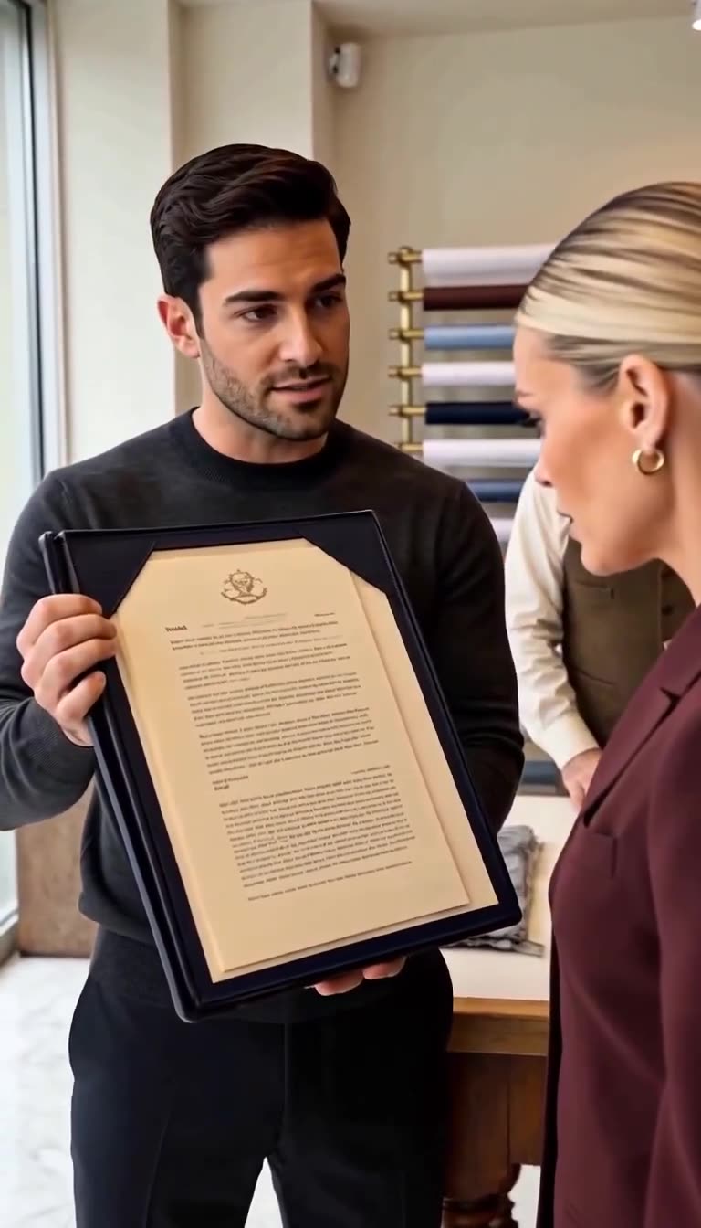 The calm visitor presents a framed title deed that legally verifies his ownership of the building.