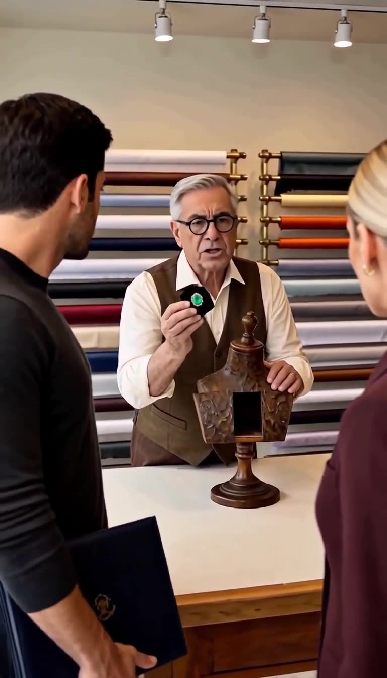 The senior master tailor unlatches a vintage wooden bust to reveal a hidden emerald heirloom.