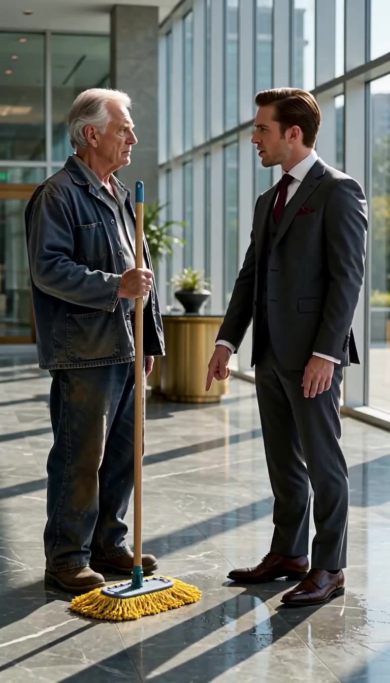 Julian points aggressively down at the marble floor, confronting Arthur Vance in the atrium.