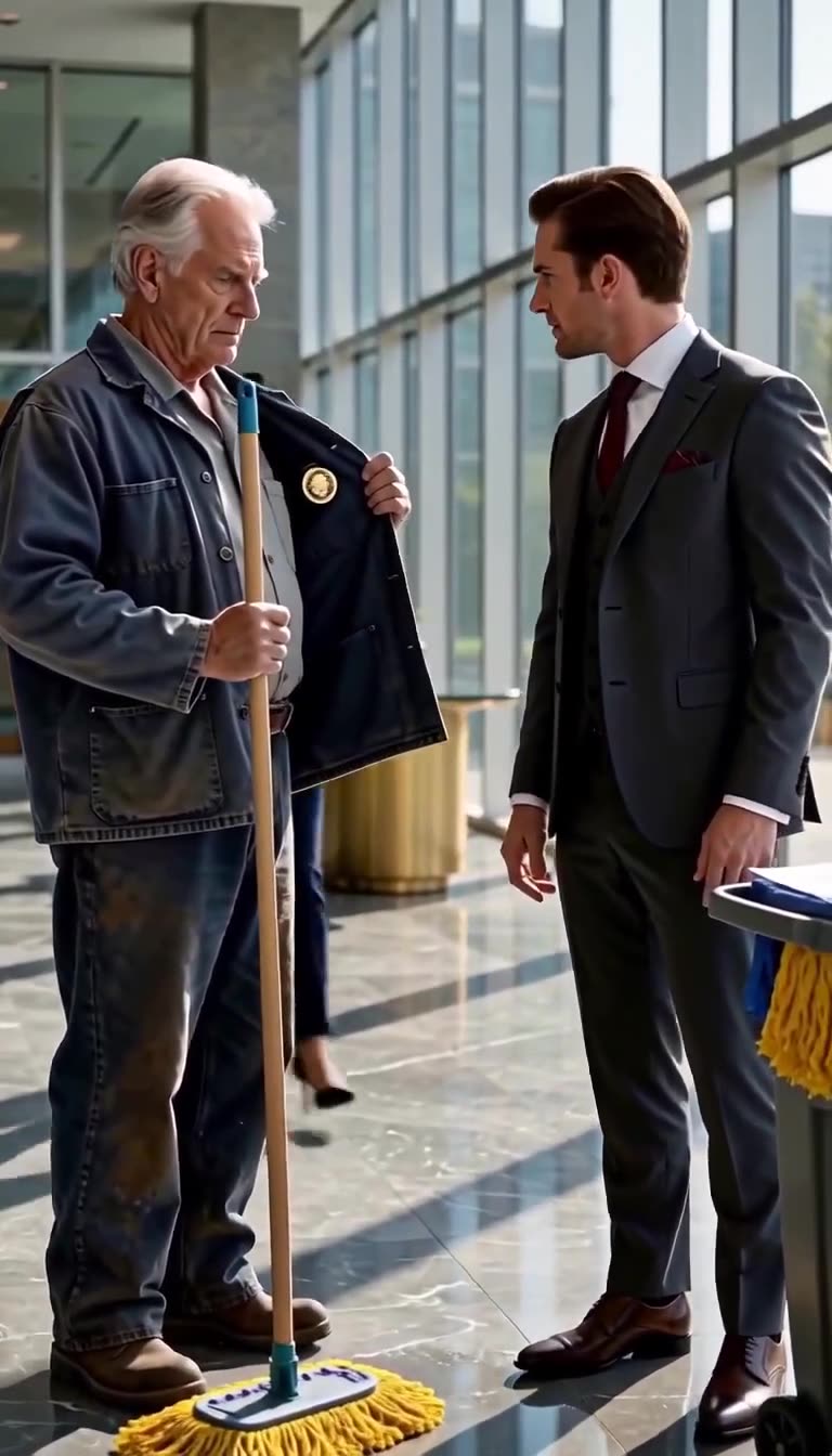 The elderly janitor pulls back his work jacket to reveal a prestigious gold badge to the executive.