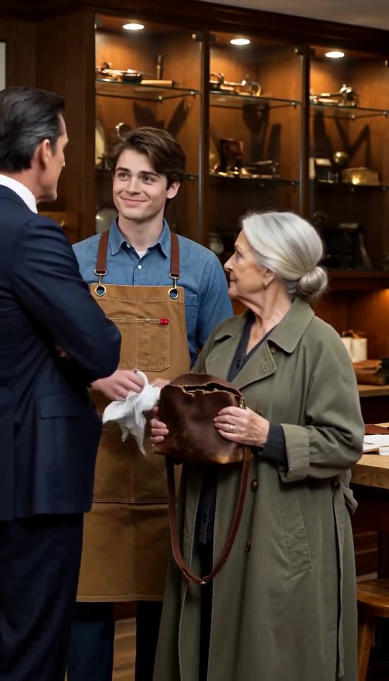 Apprentice Leo Miller smiles warmly at Martha Vance, stepping in to examine her vintage leather bag.