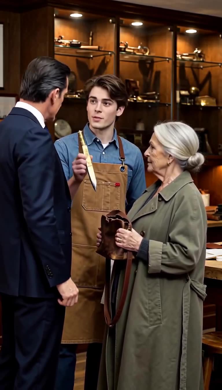Leo Miller pulls an engraved brass crafting awl from his work apron to face Julian's insults.