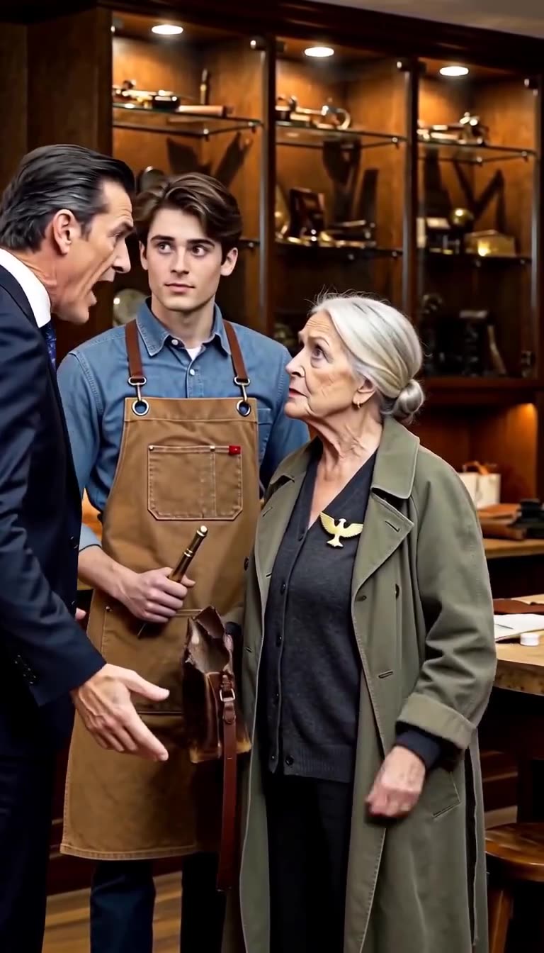 A stunned luxury atelier director shouts in panic as he recognizes the woman before him