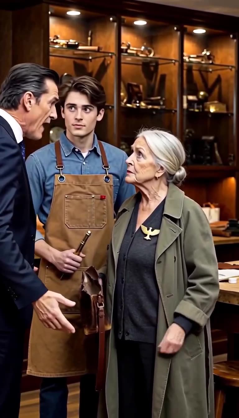 The elderly woman reveals a gold falcon pin as the boutique director gasps in total shock