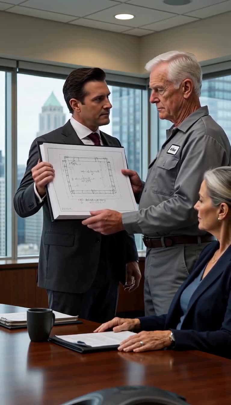 Arthur Vance turns the blueprints to reveal a critical structural error to Julian Cross.