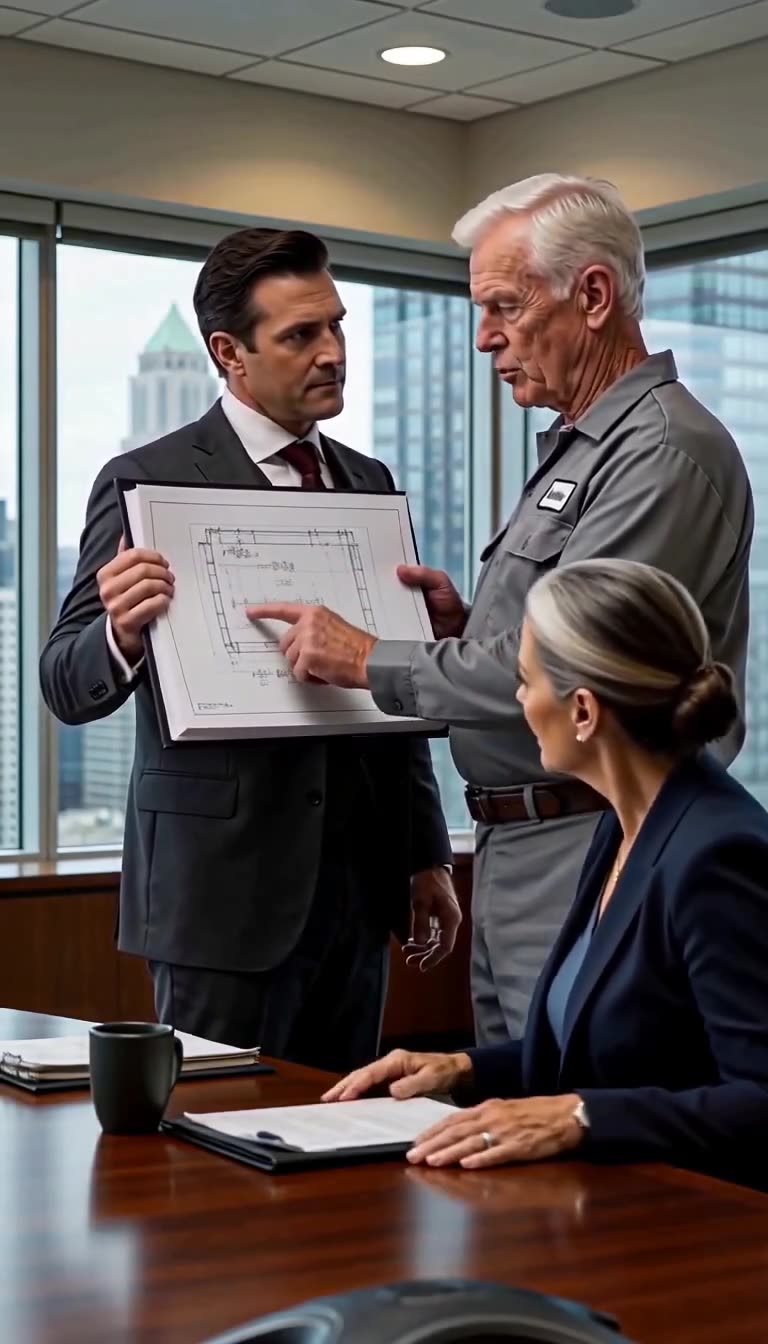 Arthur explains the calculation discrepancy to Julian and Evelyn in the modern boardroom
