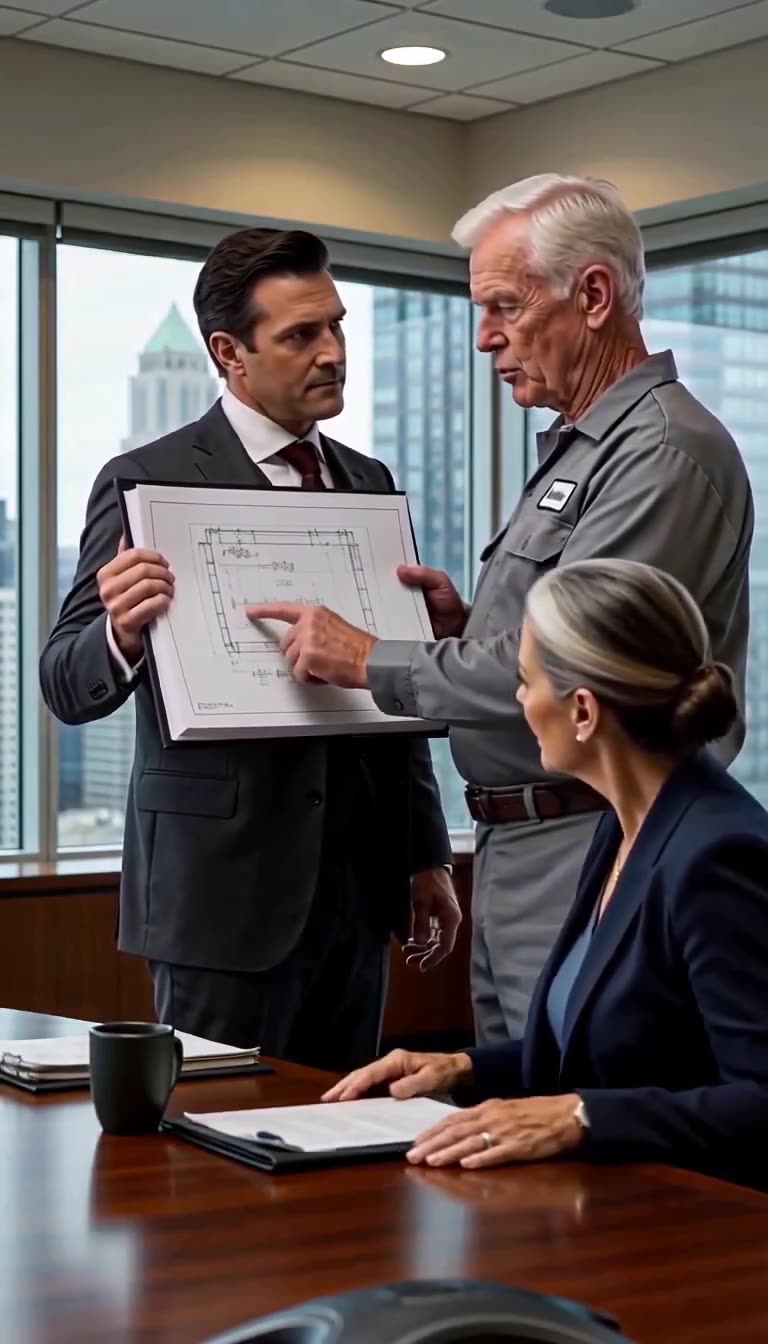 The maintenance worker points out a critical flaw on the architectural blueprints as the partner watches in disbelief.