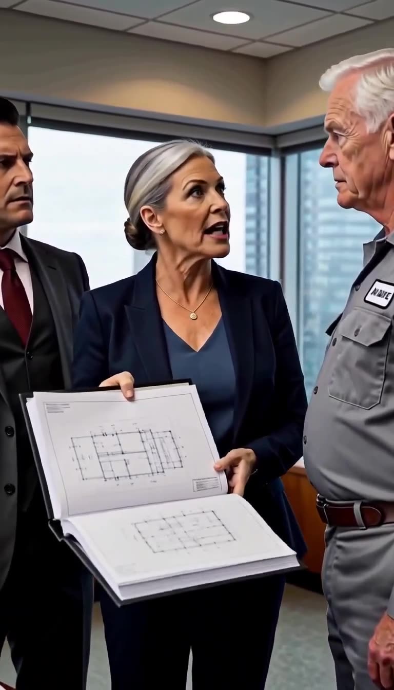 A female executive takes the blueprints and confronts the arrogant partner with the founder's official seal.