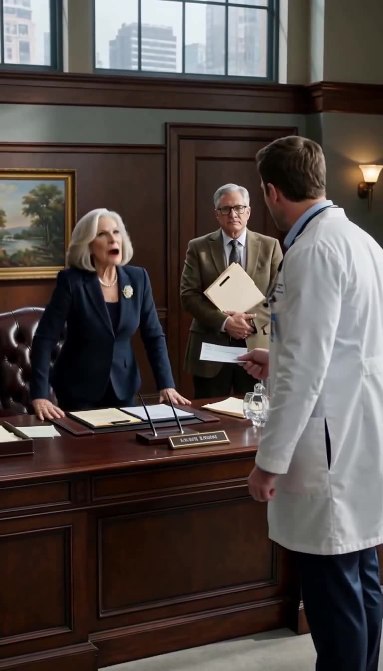 Evelyn Sterling stands up aggressively behind her mahogany desk to dismiss Julian's accusations.