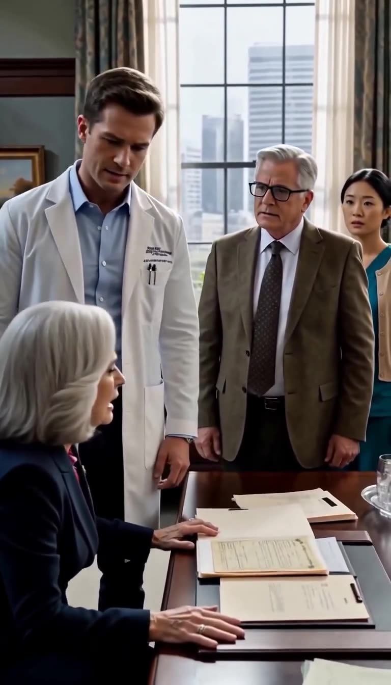 Dr. Julian Sterling confronting Evelyn Sterling while Arthur Vance and Sarah Lin look on