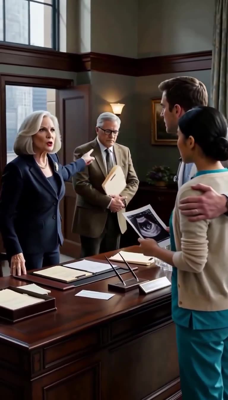 Hospital director pointing accusingly as her son embraces a pregnant nurse holding an ultrasound image