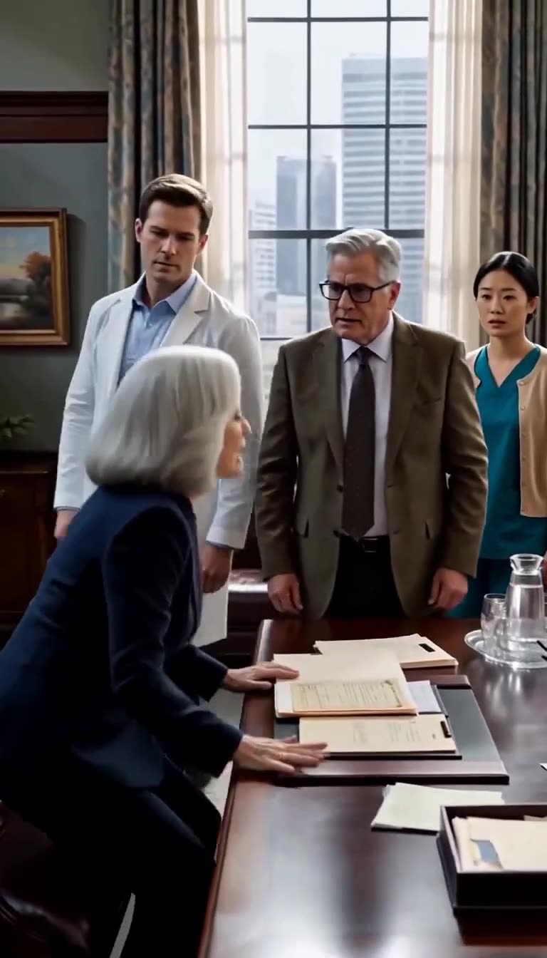 Hospital director gasping in shock over open medical records while her son and staff look on