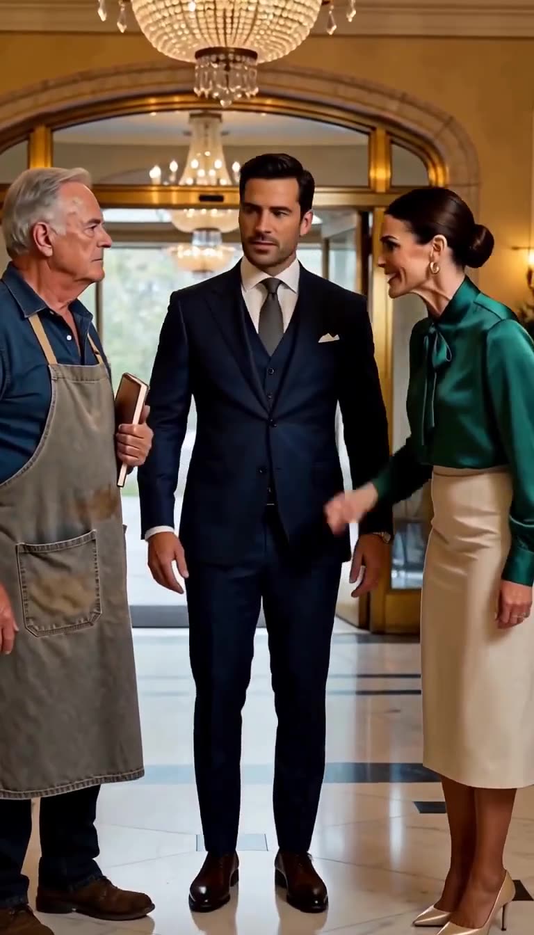 Young CEO in navy suit stands between the complaining manager and the elderly man in an apron