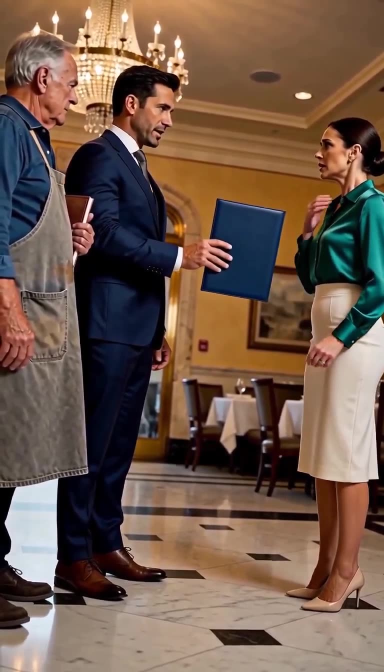CEO hands termination folder to the shocked manager as the apron-clad founder looks on